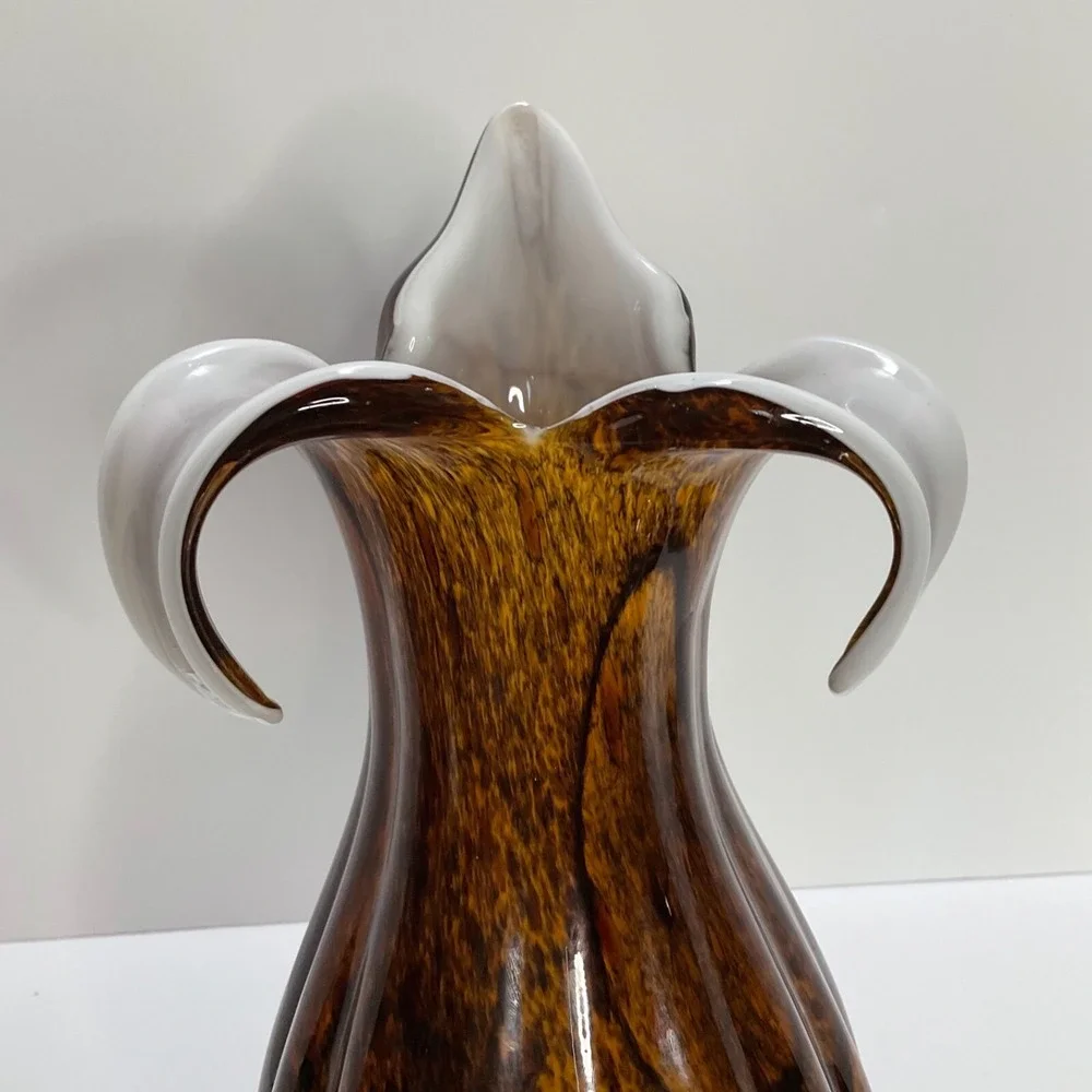 Handblown Vintage Tulip Vase‎ Tiger Eye Brown Fluted White Contrast Home Decor